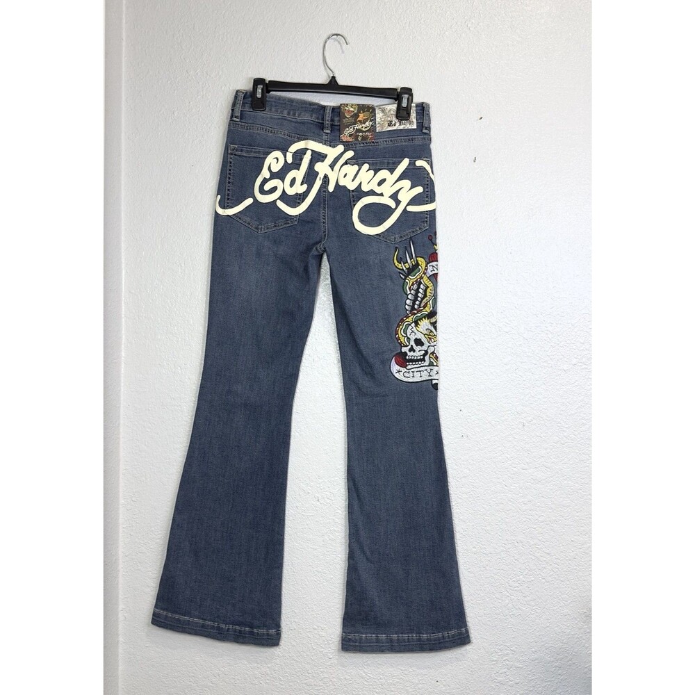 Ed Hardy Women Flare Jeans 28 NWT New York City Skull Eagle Embroidered Y2KDenim - Picture 6 of 14